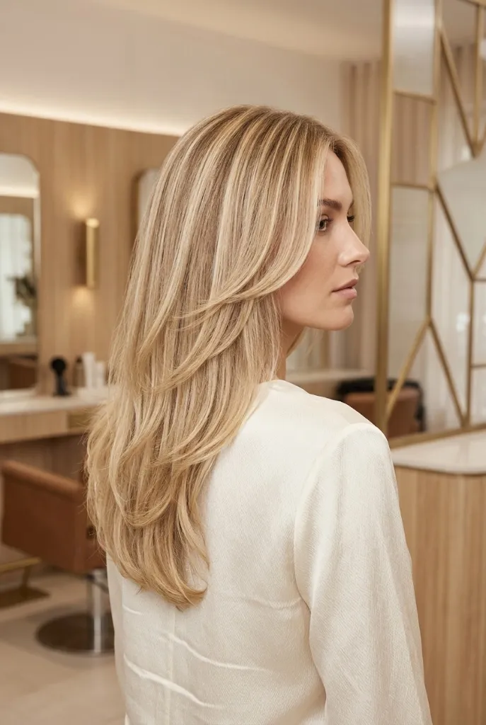 Dimensional Honey Layer Blonde 2026 Back view of long layered blonde hair with warm honey highlights in a salon