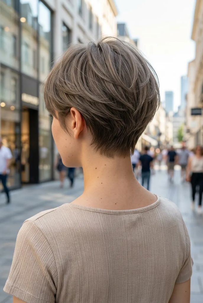 Short ash blonde pixie cut with wispy point-cut layers from behind on a European city street