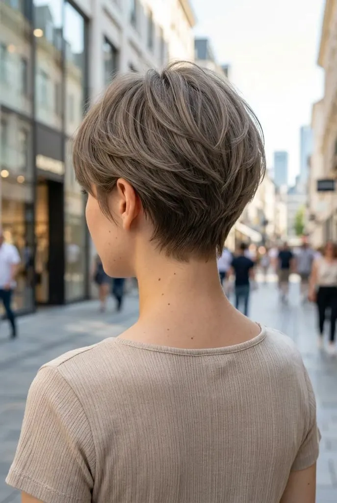 Short ash blonde pixie cut with wispy point-cut layers from behind on a European city street