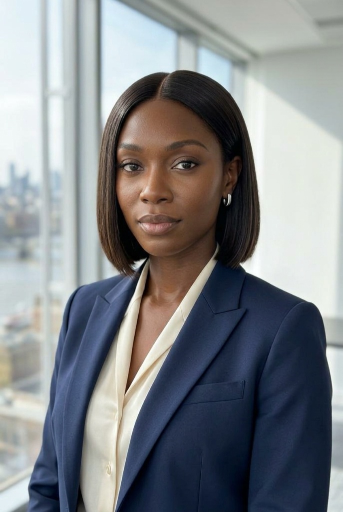 Sleek dark brown blunt bob on a woman in a navy blazer in a modern office with city views — polished, powerful, professional