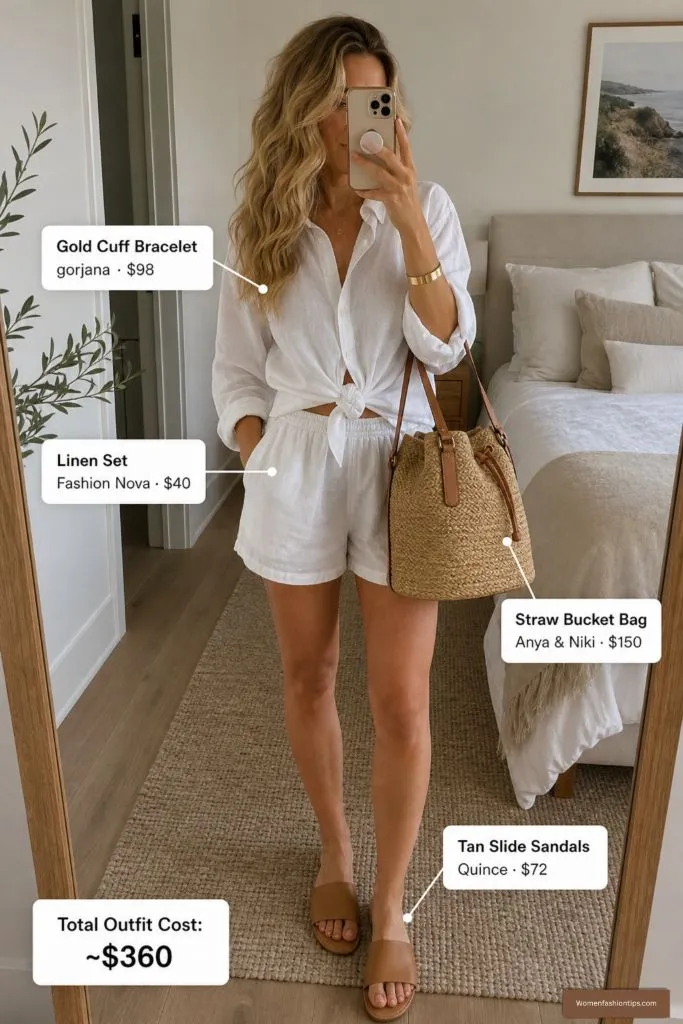 White Linen Set with Straw Bucket Bag