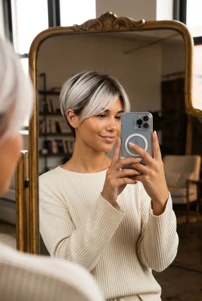 Short silver-gray pixie cut with side-swept bangs and sleek styling