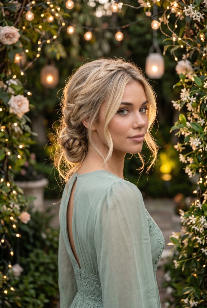 Bohemian braided side bun with blonde wavy hair in a loose braid cascading into a low messy bun, sage green dress with lace details, garden with fairy lights and flowers — ethereal whimsical vibe