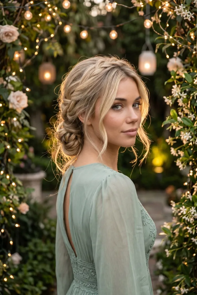 Bohemian braided side bun with blonde wavy hair in a loose braid cascading into a low messy bun, sage green dress with lace details, garden with fairy lights and flowers — ethereal whimsical vibe