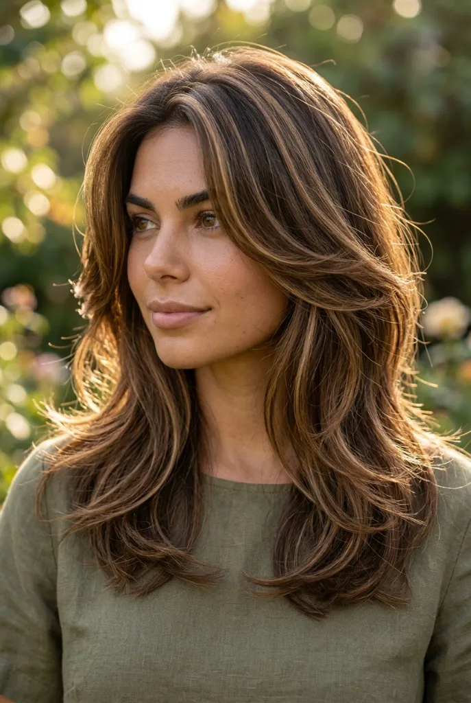 Sun Drenched Dimensional Brunette Hair Summer 2026 Long wavy brunette hair with warm golden highlights in natural outdoor sunlight
