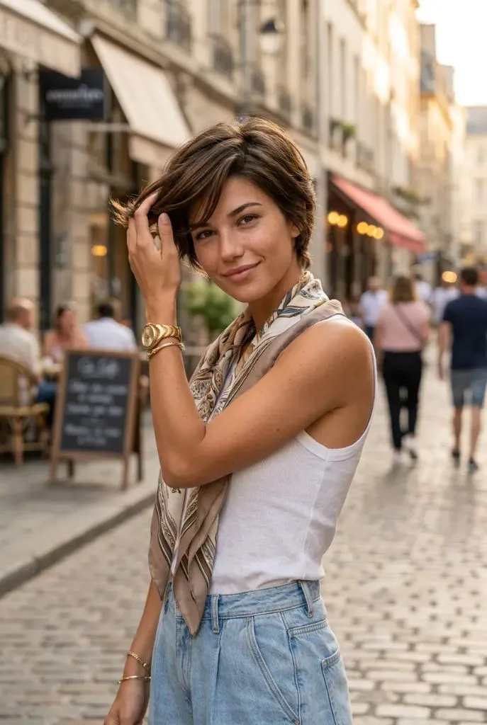 Short tousled brunette pixie with soft waves, scarf, and Parisian street background
