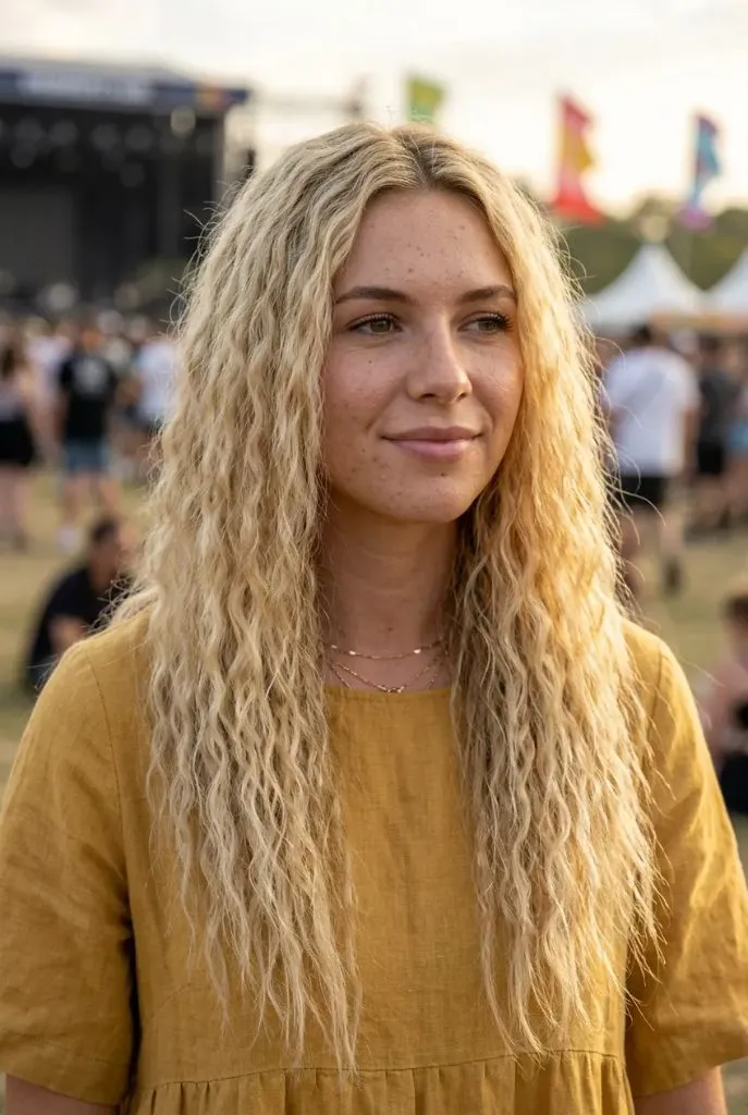Blonde woman with long crimped textured waves, mustard yellow linen top, outdoor music festival field setting — boho, relaxed, sun-drenched