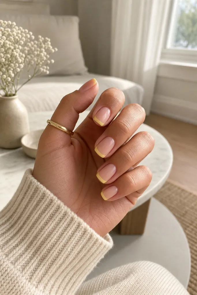 Butter Yellow French nails for summer. Summer vibes nails 2026 with soft yellow French tips on natural nails.