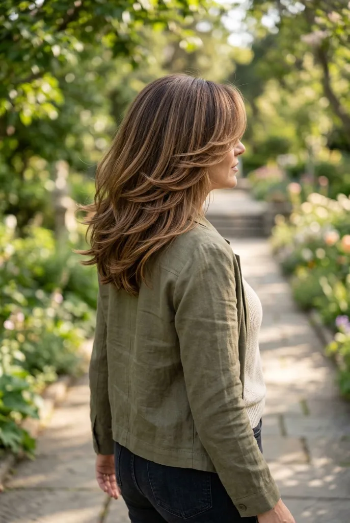 Medium-length brown layered hair with warm highlights, woman walking in garden