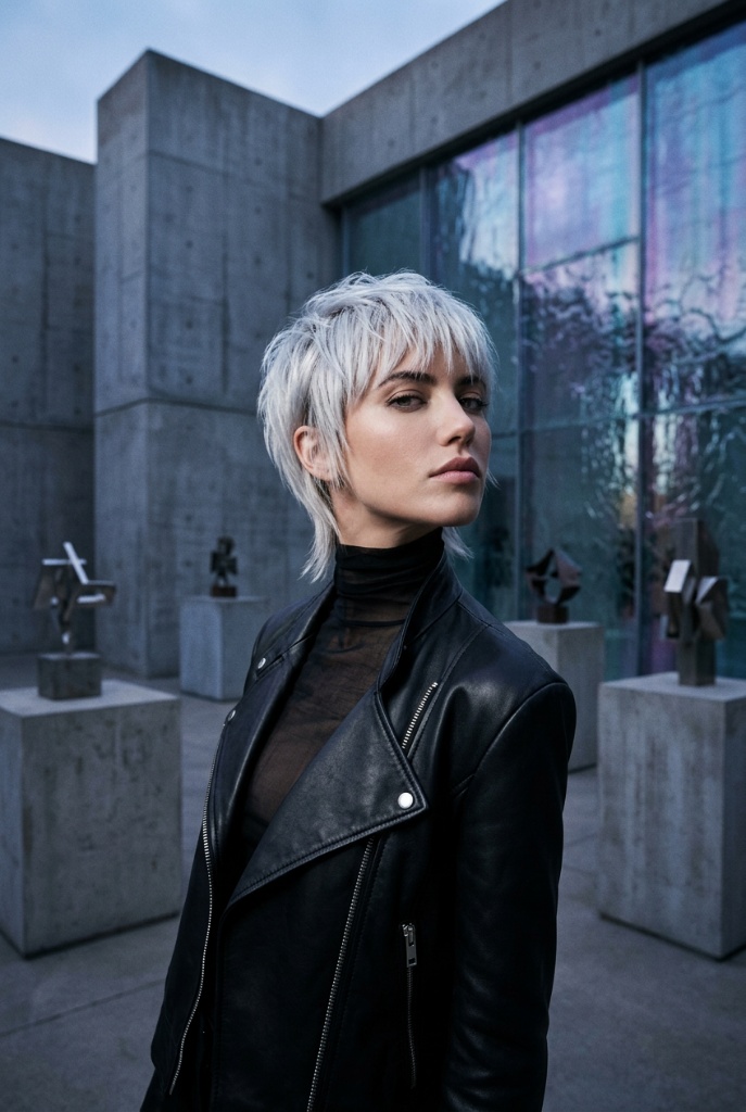 Platinum Pixie Shag Haircut 2026 Short platinum silver pixie shag with textured layers in front of a concrete gallery