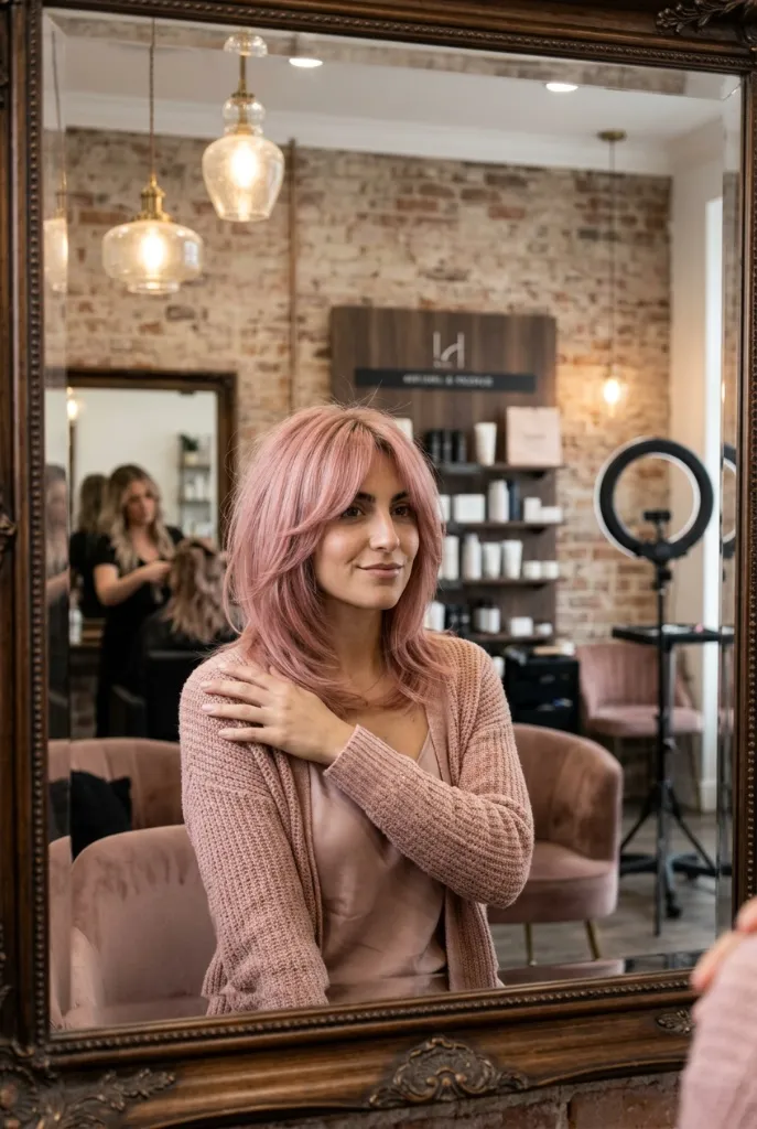 Soft pink medium-length shag viewed in a salon mirror with warm vintage lighting
