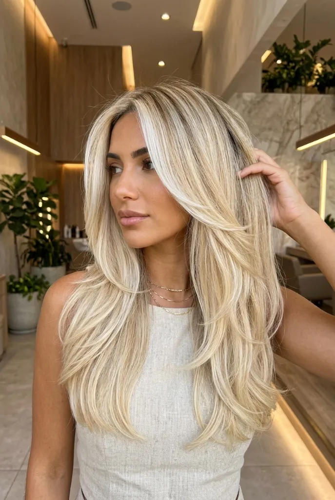 Long buttery blonde hair with voluminous blowout and face-framing highlights