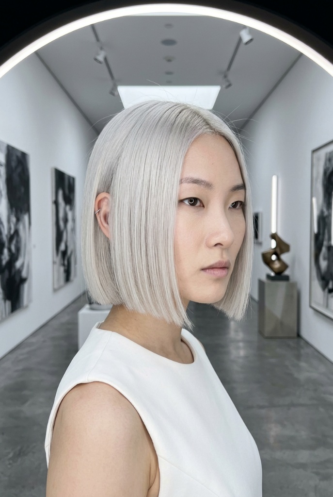 Platinum silver blunt bob on an East Asian woman in a contemporary art gallery with white walls — avant-garde, editorial, minimalist