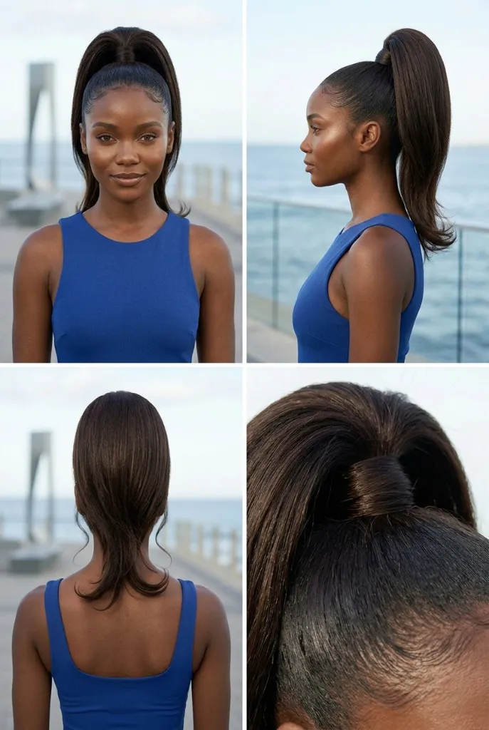 Classic high ponytail from four angles, smooth dark brown straightened hair, blue sleeveless top, waterfront with modern bridge in background