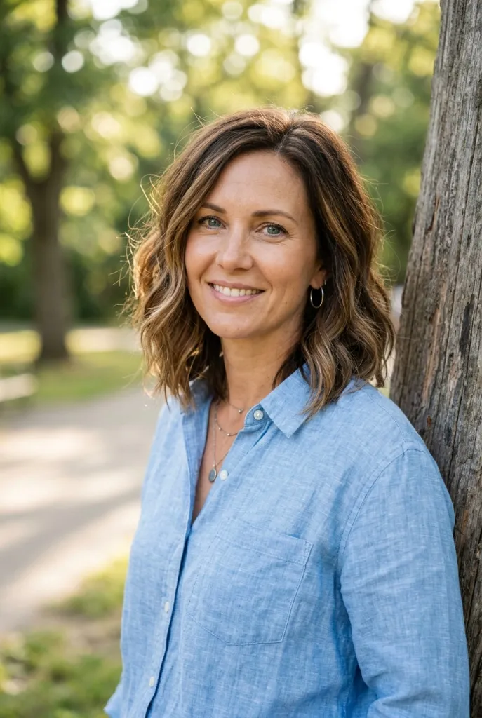 Medium-length wavy brown hair with highlights, woman leaning against tree in park