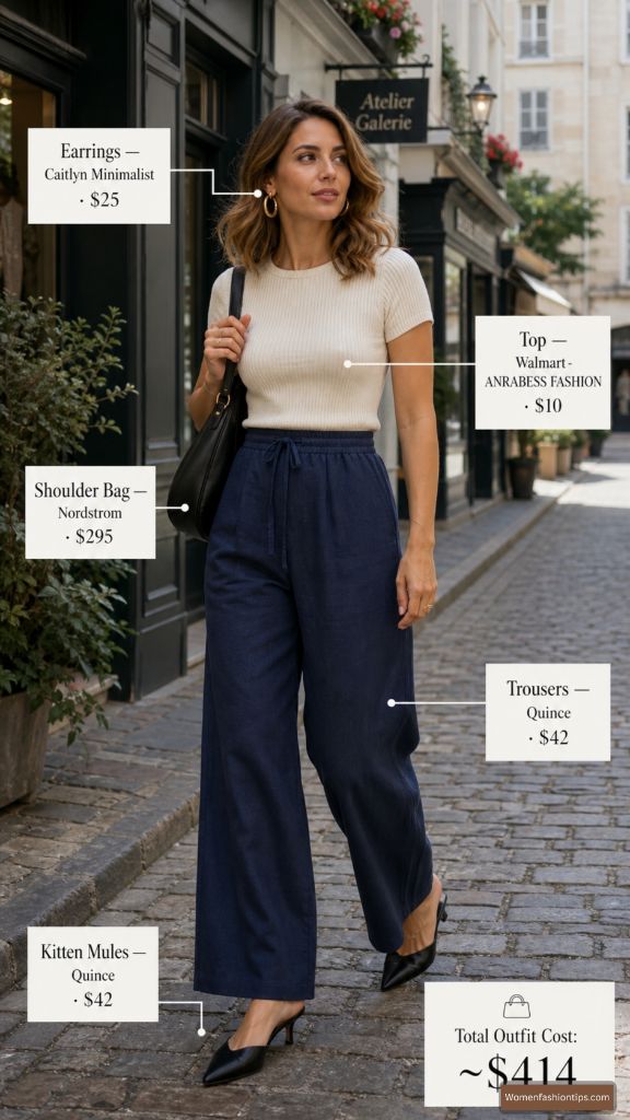 Navy Wide Legs and Cream Knit Top