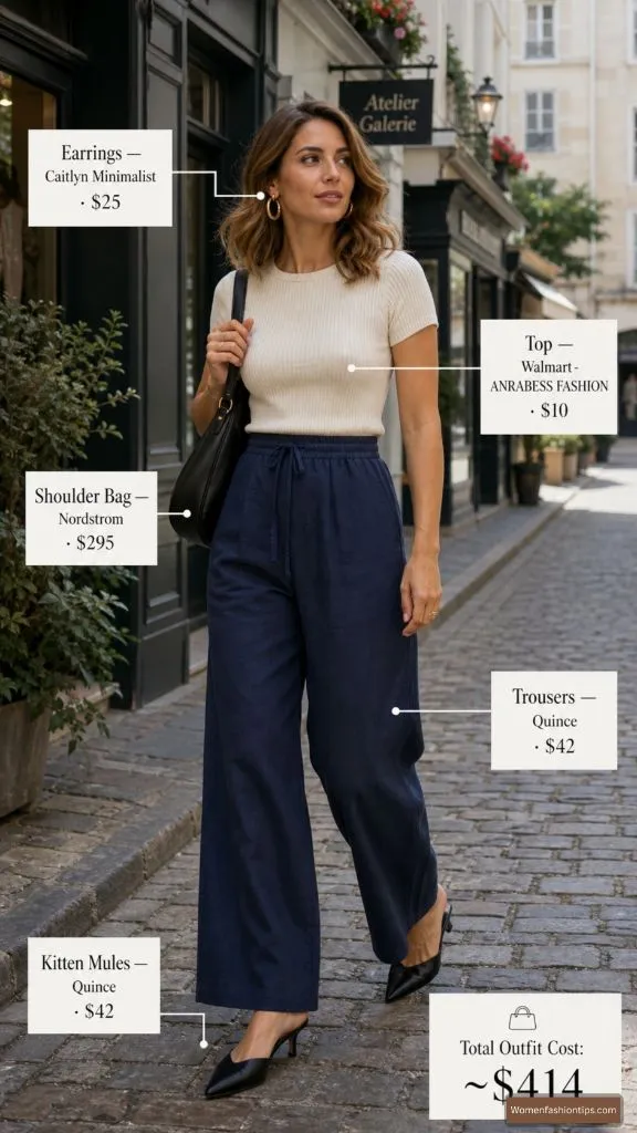 Navy Wide Legs and Cream Knit Top