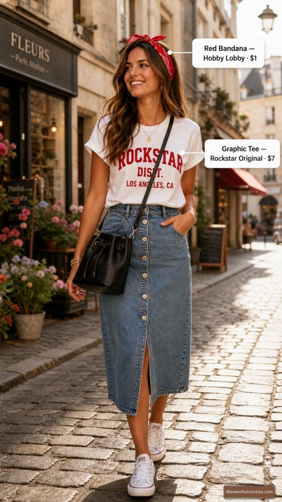 Graphic Tee and Denim Skirt