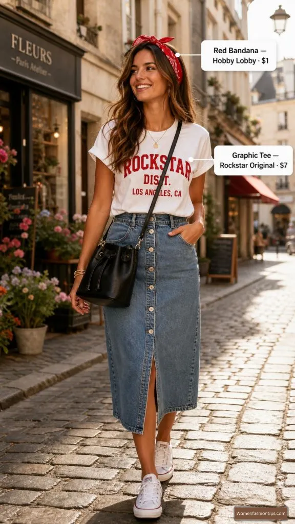 Graphic Tee and Denim Skirt