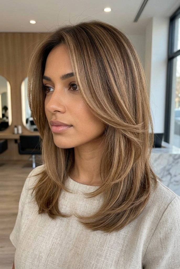 Medium-length caramel brown to blonde hair with soft layering and face-framing highlights