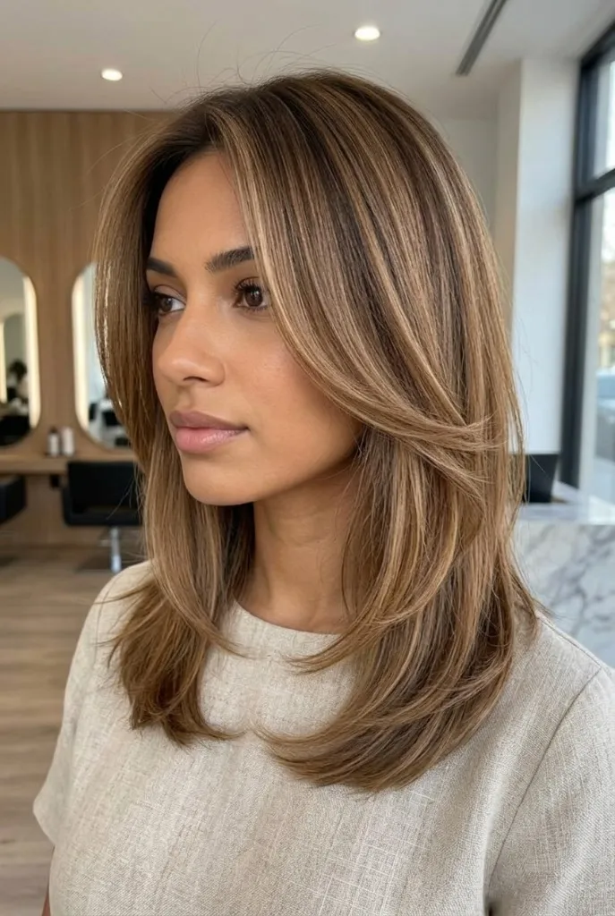 Medium-length caramel brown to blonde hair with soft layering and face-framing highlights
