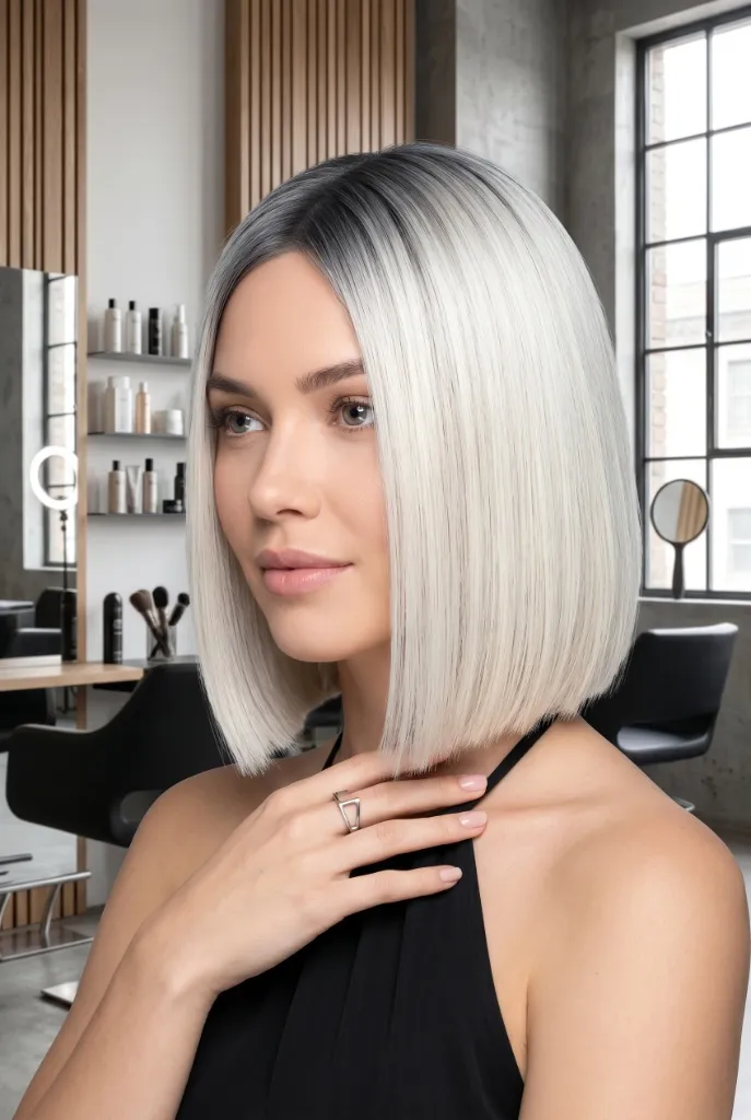 Icy Platinum Statement Bob Hair Color 2026 Platinum icy white-blonde sleek bob with dark roots in industrial salon setting