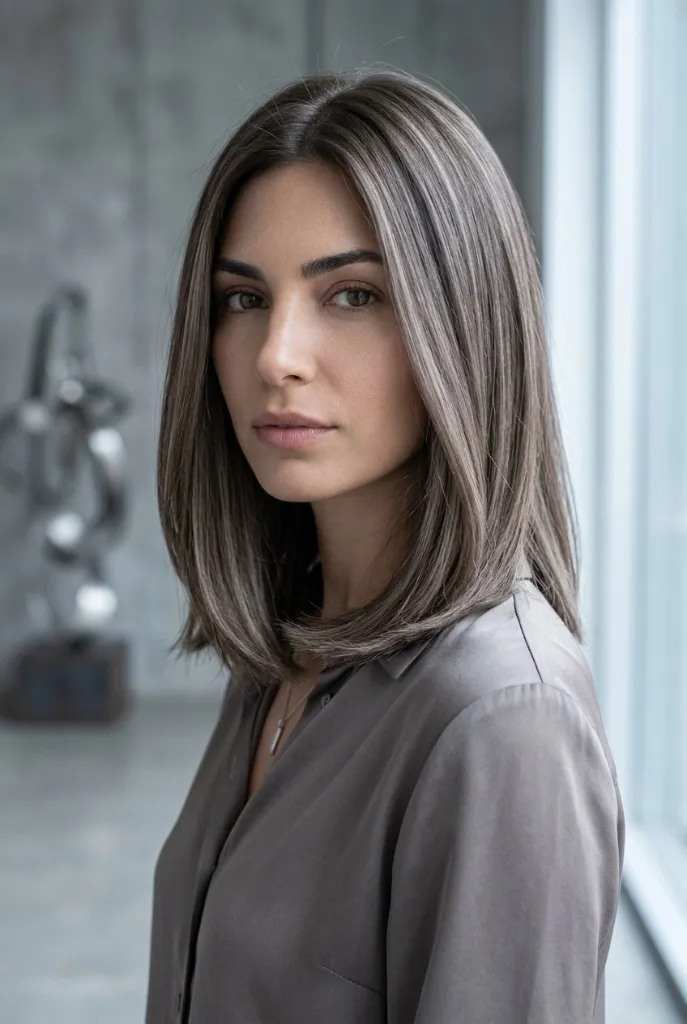 Salt and Pepper Brune Lob Brunette Hair Summer 2026 Cool-toned brunette lob with gray-blended salt and pepper highlights on straight hair