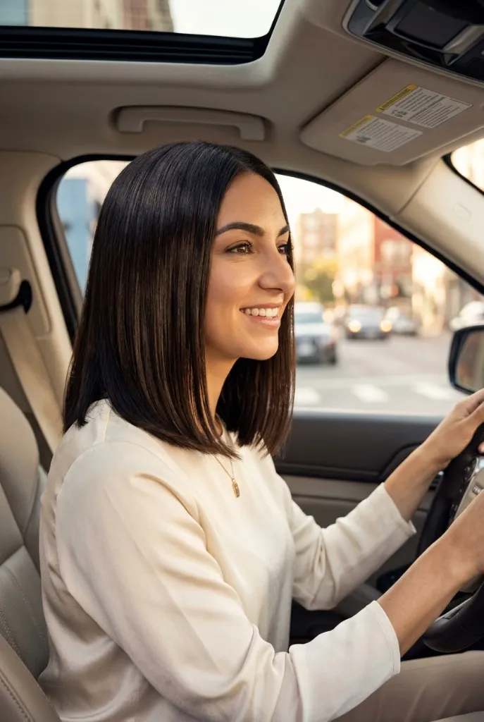Sleek dark brunette blunt medium-length haircut, woman driving in city