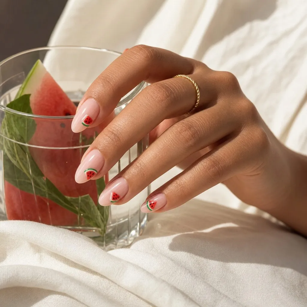 Watermelon Slice Minimal nails for summer. Summer vibes nails 2026 with tiny fruit nail art on sheer nude.