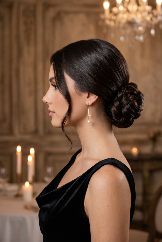 Romantic twisted low chignon with dark brown hair, delicate pearl drop earrings, candlelit ballroom setting with chandelier — classic bridal elegance vibe