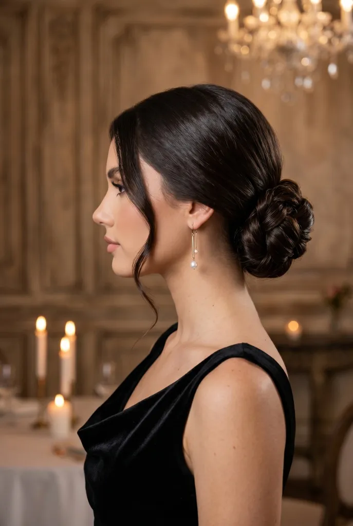 Romantic twisted low chignon with dark brown hair, delicate pearl drop earrings, candlelit ballroom setting with chandelier — classic bridal elegance vibe