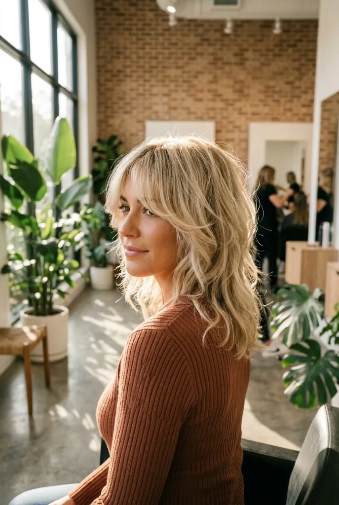 Shaggy Curtain Blonde Summer Hair 2026 Medium-length shaggy blonde hair with curtain bangs in a salon with plants
