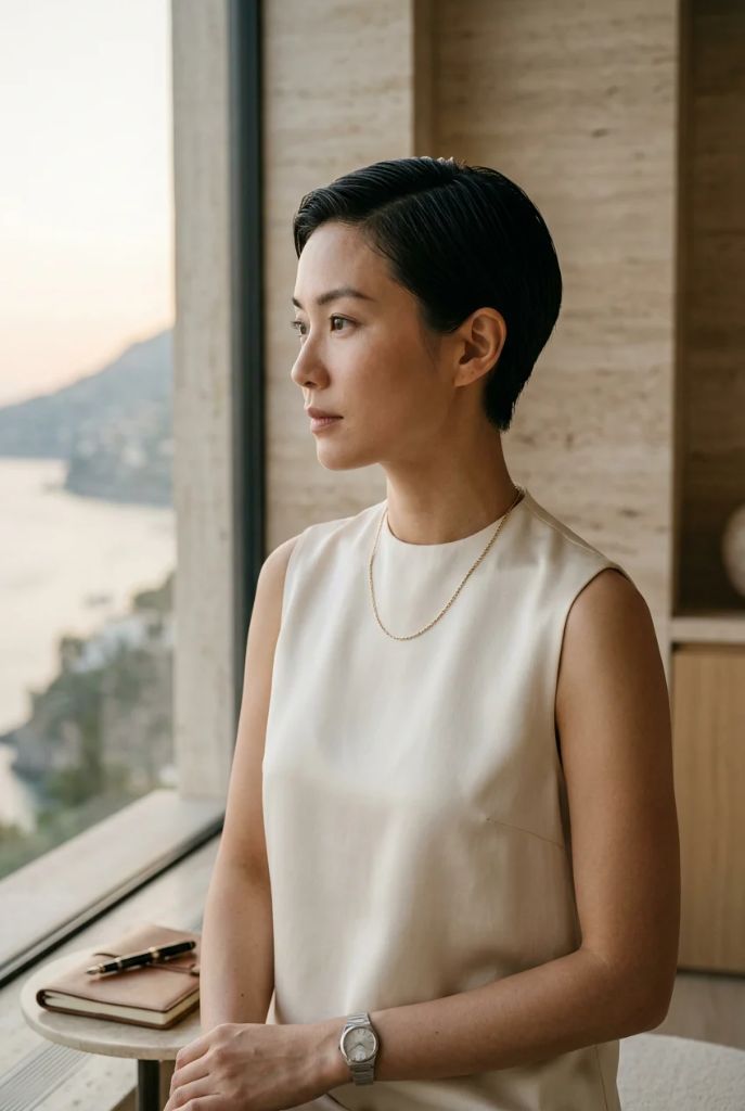 Sleek black tapered pixie with wet-look styling and side part in a warm minimalist interior with ocean view