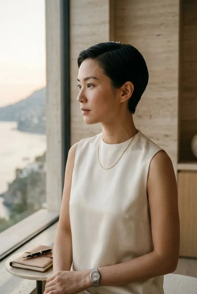 Sleek black tapered pixie with wet-look styling and side part in a warm minimalist interior with ocean view