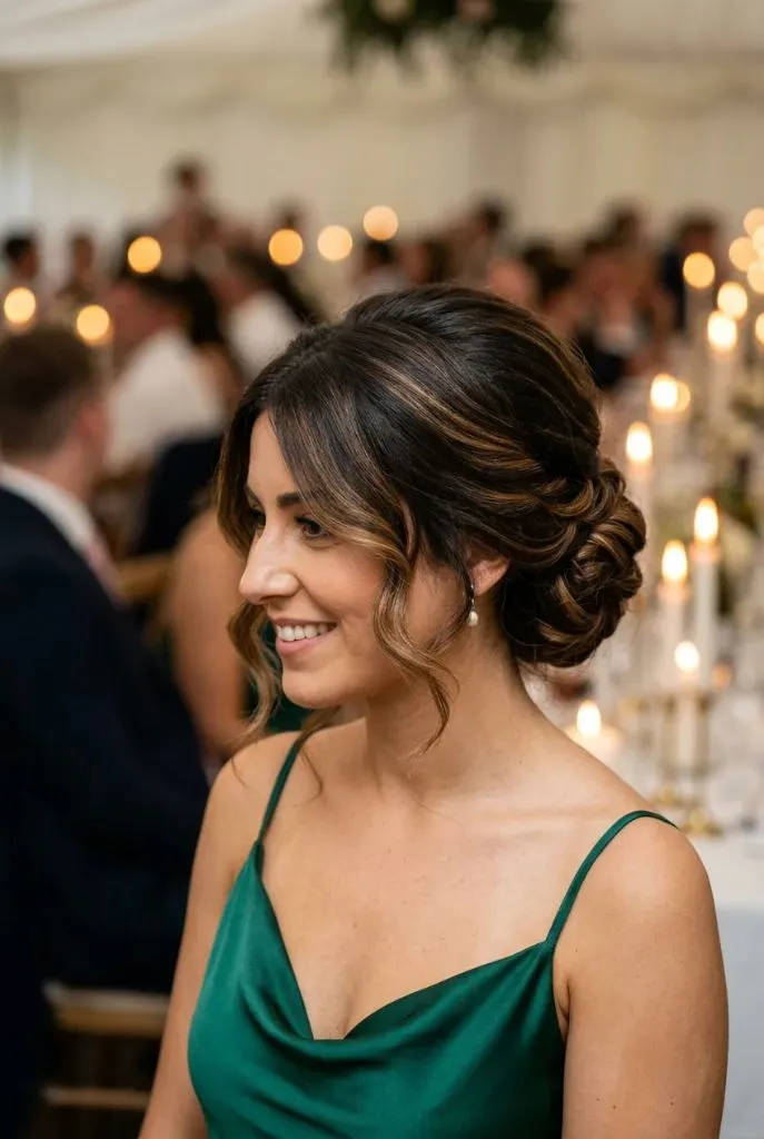 Elegant low bun updo with wavy face-framing tendrils, emerald green satin dress, candlelit reception setting — romantic, refined, wedding-guest appropriate
