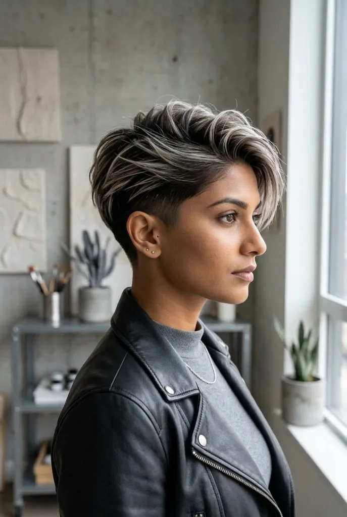 Short pixie with undercut and silver-highlighted swept-back top