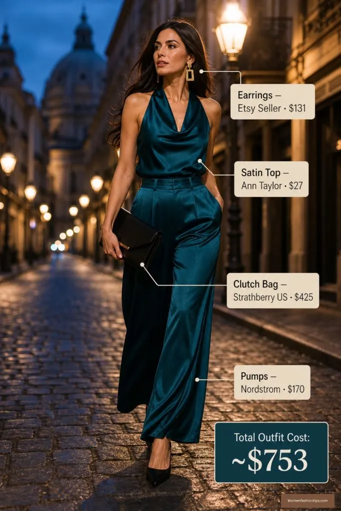 Teal satin halter top with wide-leg satin trousers