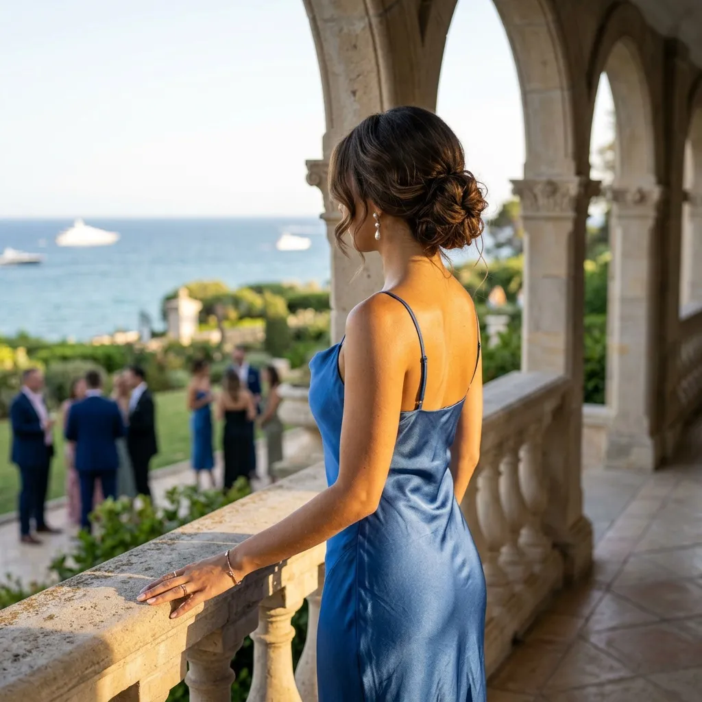 Coastal cocktail textured chignon — brunette hair in a low textured updo with loose tendrils, blue satin slip dress, overlooking the sea from a stone archway terrace with a cocktail party in the background