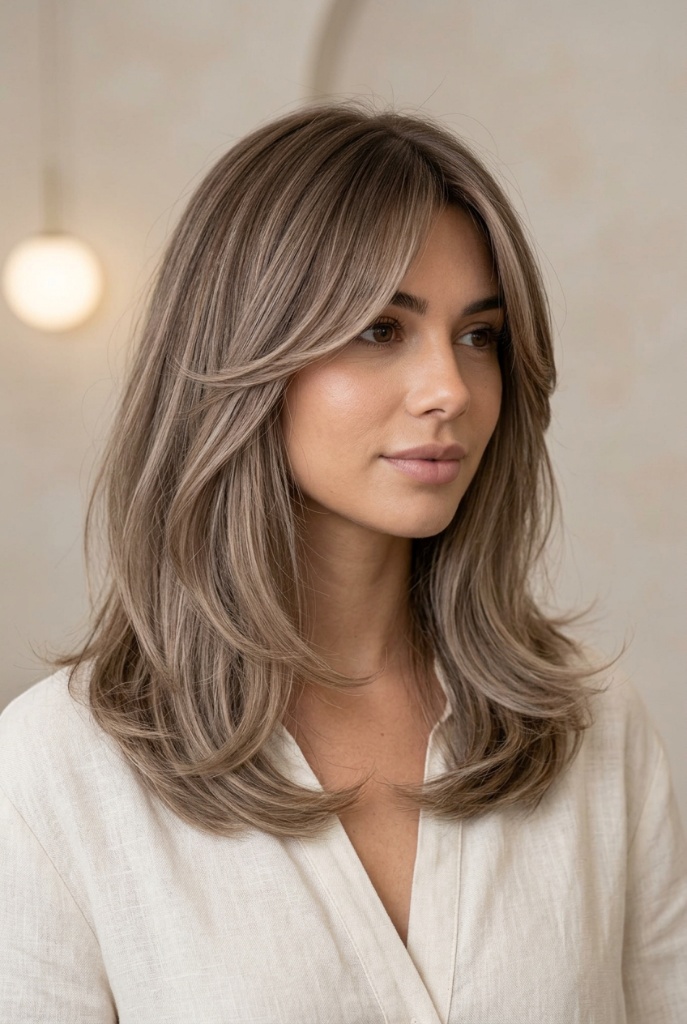 Medium-length ash brown to blonde hair with soft curtain layers and side-swept framing