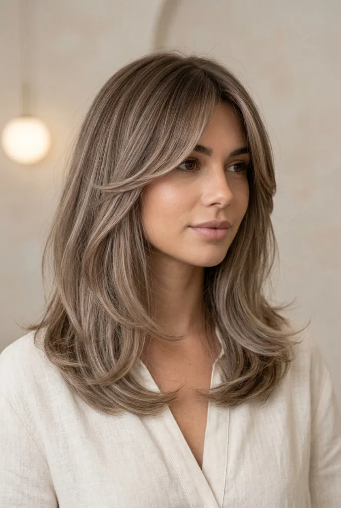 Medium-length ash brown to blonde hair with soft curtain layers and side-swept framing