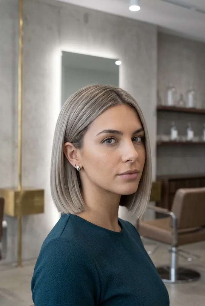 Ash Blonde Blunt Bob Hair Trend 2026 Sleek ash blonde blunt bob hairstyle in an upscale salon