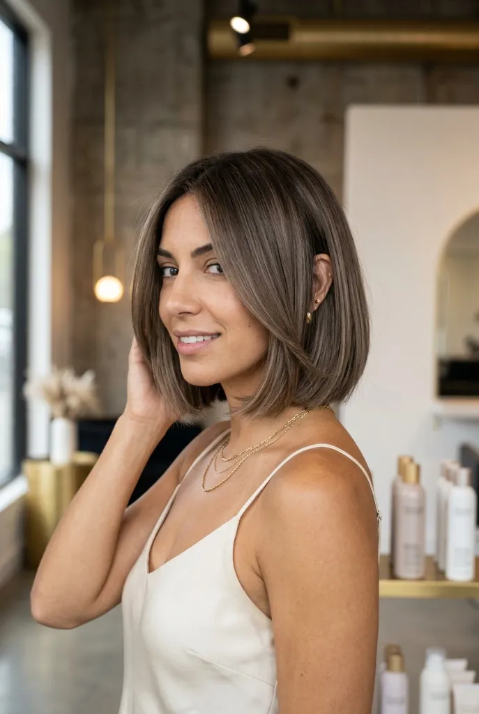 Cool Girl Chin Bob Brunette Summer 2026 Cool-toned chin-length bob with subtle ash-brown highlights on straight hair