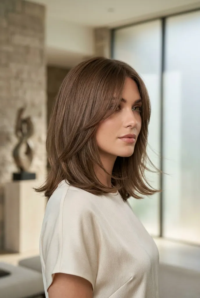 Medium-length chestnut brown lob with side-swept layers in a modern living room