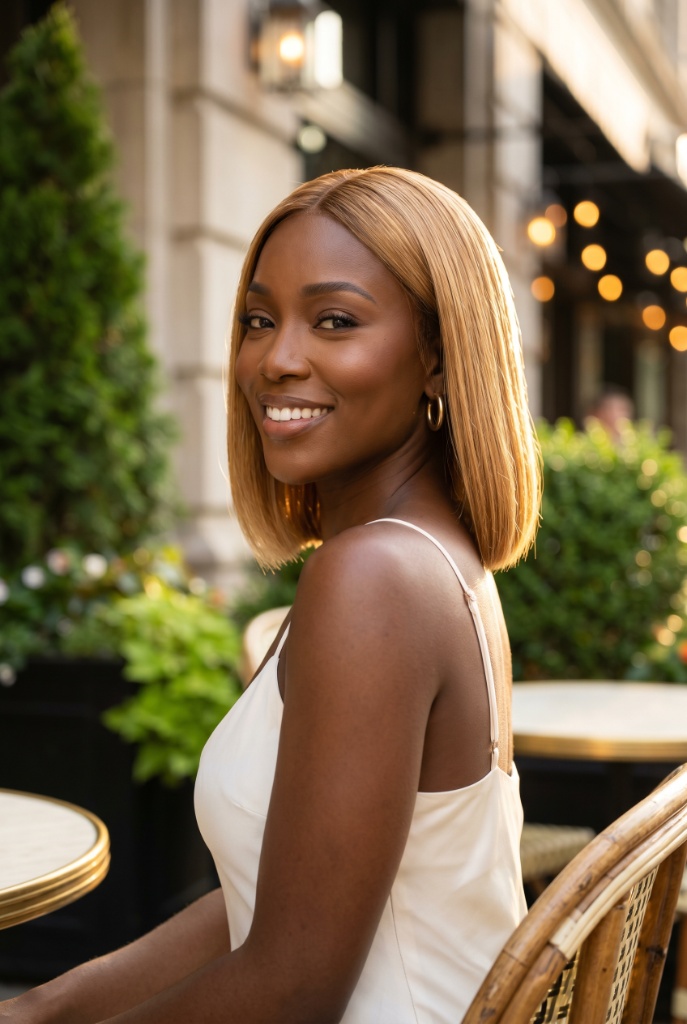 Honey Blonde Bob Summer Hair Color 2026 Woman with warm honey blonde straight bob smiling at outdoor café with bokeh lights