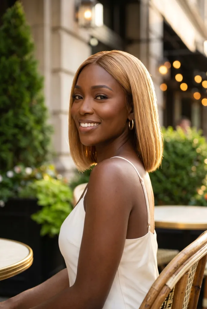 Honey Blonde Bob Summer Hair Color 2026 Woman with warm honey blonde straight bob smiling at outdoor café with bokeh lights