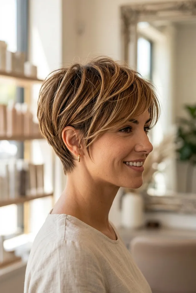 Highlighted Pixie Profile Brunette Summer 2026 Side profile of a textured pixie cut with warm highlights on brunette hair in a salon