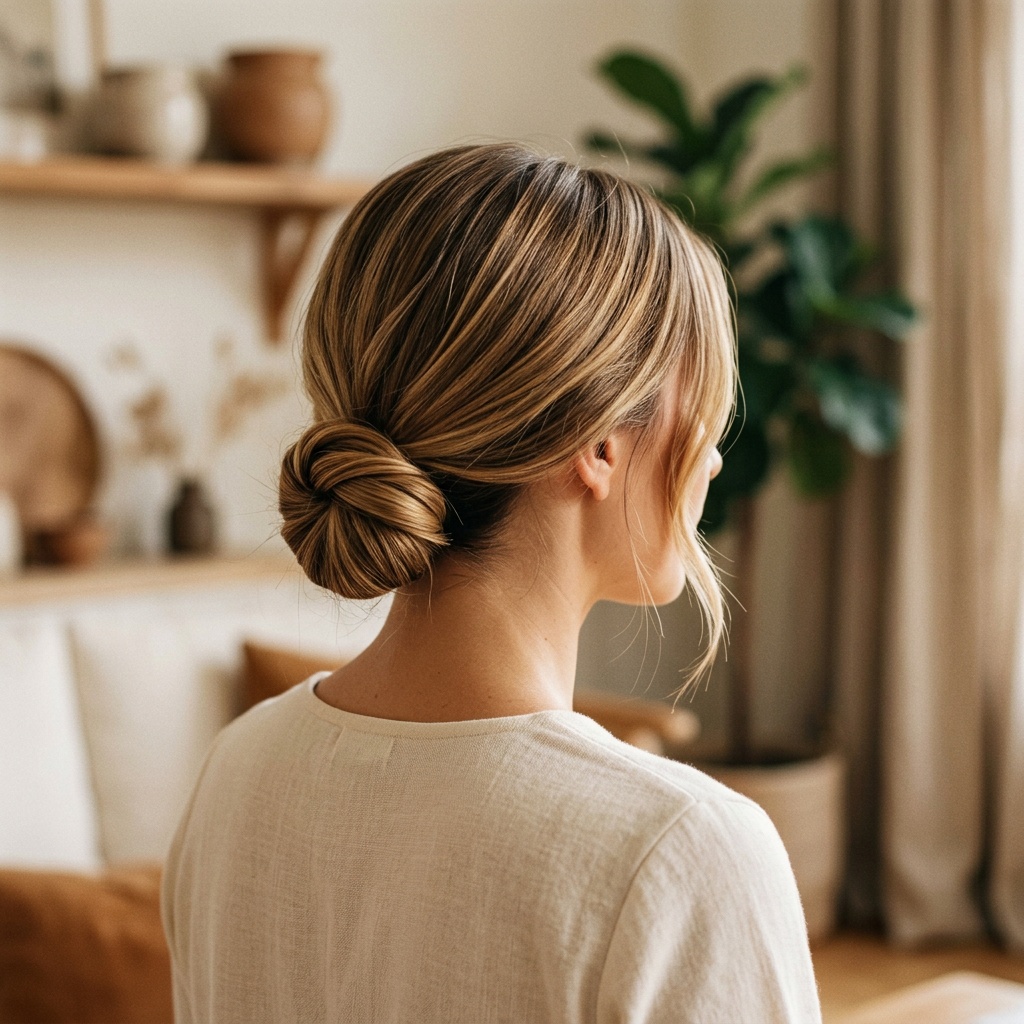 Minimalist twist bun — highlighted blonde hair in a simple low twisted bun at the nape, cream linen top, warm minimal home interior
