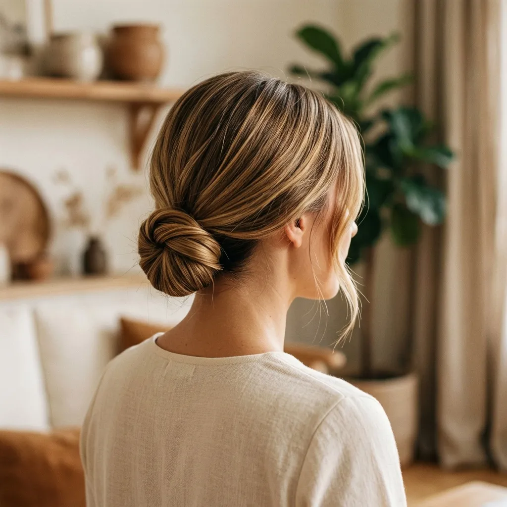 Minimalist twist bun — highlighted blonde hair in a simple low twisted bun at the nape, cream linen top, warm minimal home interior