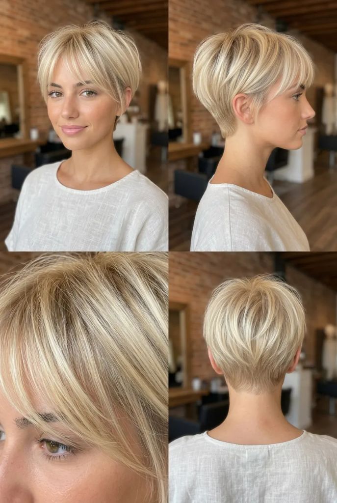 Golden blonde textured pixie cut with feathered layers shown from multiple angles in a warm-toned salon