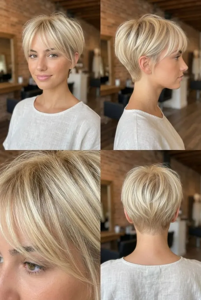 Golden blonde textured pixie cut with feathered layers shown from multiple angles in a warm-toned salon